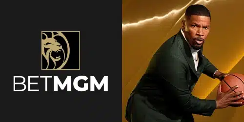 BetMGM Sportsbook promotional image for Kansas bettors, featuring celebrity ambassador Jamie Foxx holding a basketball to highlight the platform's basketball betting markets.