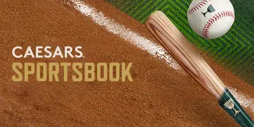 Promotional image for MLB betting on Caesars Sportsbook in Kansas, showing a wooden baseball bat and baseball resting on the infield dirt next to the foul line.