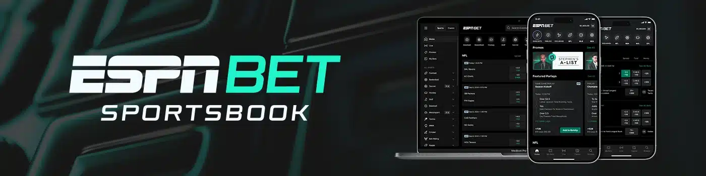 The ESPN BET Sportsbook platform for Kansas bettors, shown on both the desktop website on a laptop and the mobile app on a smartphone, displaying NFL betting markets and featured parlays.