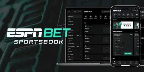 The ESPN BET Sportsbook platform for Kansas bettors, shown on both the desktop website on a laptop and the mobile app on a smartphone, displaying NFL betting markets and featured parlays.