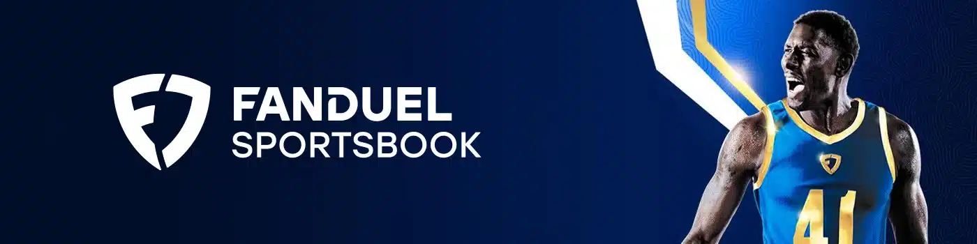An intense, celebrating basketball player in a blue and yellow jersey, featured in a promotion for FanDuel Sportsbook's basketball betting markets in Kansas.