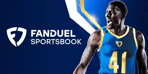 An intense, celebrating basketball player in a blue and yellow jersey, featured in a promotion for FanDuel Sportsbook's basketball betting markets in Kansas.