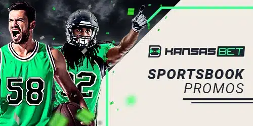 Promotional banner for Kansas Bet featuring a celebrating basketball player and football player, advertising the latest sportsbook promos and bonuses for Kansas bettors.