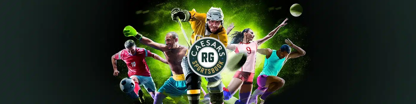 A dynamic collage of athletes from soccer, boxing, hockey, and volleyball, representing the wide variety of sports betting markets available on Caesars Sportsbook Kansas.