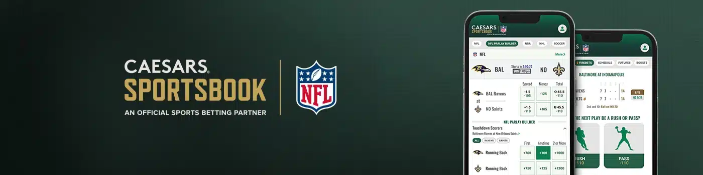 Promotional banner for Caesars Sportsbook, an official sports betting partner of the NFL, showcasing the mobile app's NFL parlay builder feature for Kansas bettors.