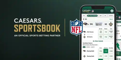 Promotional banner for Caesars Sportsbook, an official sports betting partner of the NFL, showcasing the mobile app's NFL parlay builder feature for Kansas bettors.