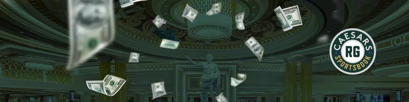 Promotional image for Caesars Sportsbook in Kansas, featuring dollar bills raining down in front of a Roman statue with the Caesars Sportsbook RG logo.