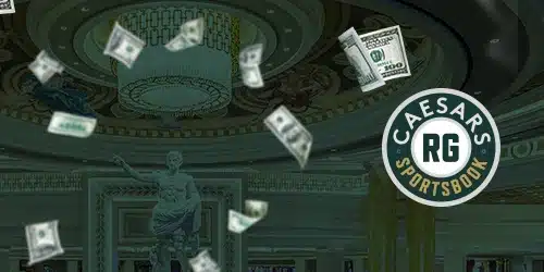 Promotional image for Caesars Sportsbook in Kansas, featuring dollar bills raining down in front of a Roman statue with the Caesars Sportsbook RG logo.