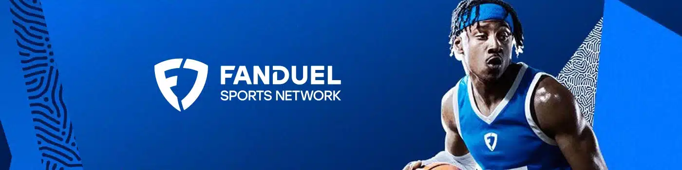 A dynamic action shot of a basketball player dribbling, featured in a promotion for FanDuel Sports Network's NBA betting markets available to Kansas bettors.