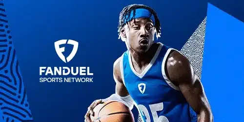 A dynamic action shot of a basketball player dribbling, featured in a promotion for FanDuel Sports Network's NBA betting markets available to Kansas bettors.