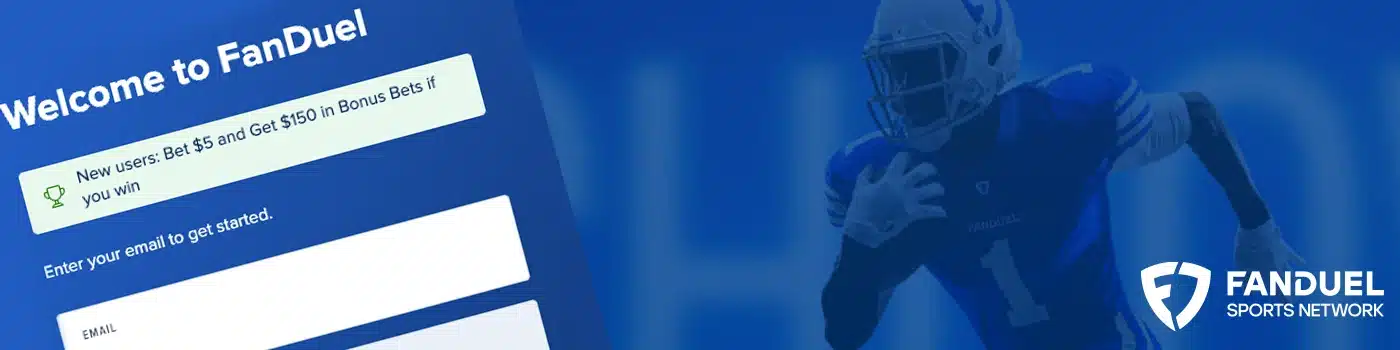 The FanDuel Sportsbook welcome page for Kansas users, offering a new player bonus: Bet $5 and Get $150 in Bonus Bets if you win.