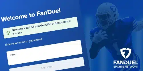 The FanDuel Sportsbook welcome page for Kansas users, offering a new player bonus: Bet $5 and Get $150 in Bonus Bets if you win.