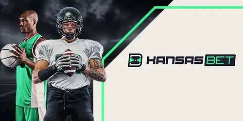 The official logo for Kansas Bet, presented alongside a football player and a basketball player, representing the top sports betting markets in Kansas.