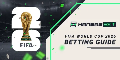 Fifa World Cup banner for kansas.bet with a soccer player jubilating infront of the world cup trophy