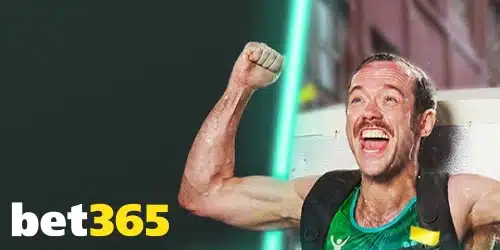 bet365 logo displayed prominently alongside a triumphant athlete celebrating with raised arms against a dynamic green background, symbolizing the excitement and energy of sports.