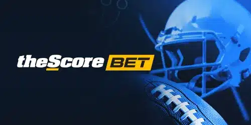 theScore Bet banner showing the logo in yellow against a dark blue background. It also shows a helmet and a ball.